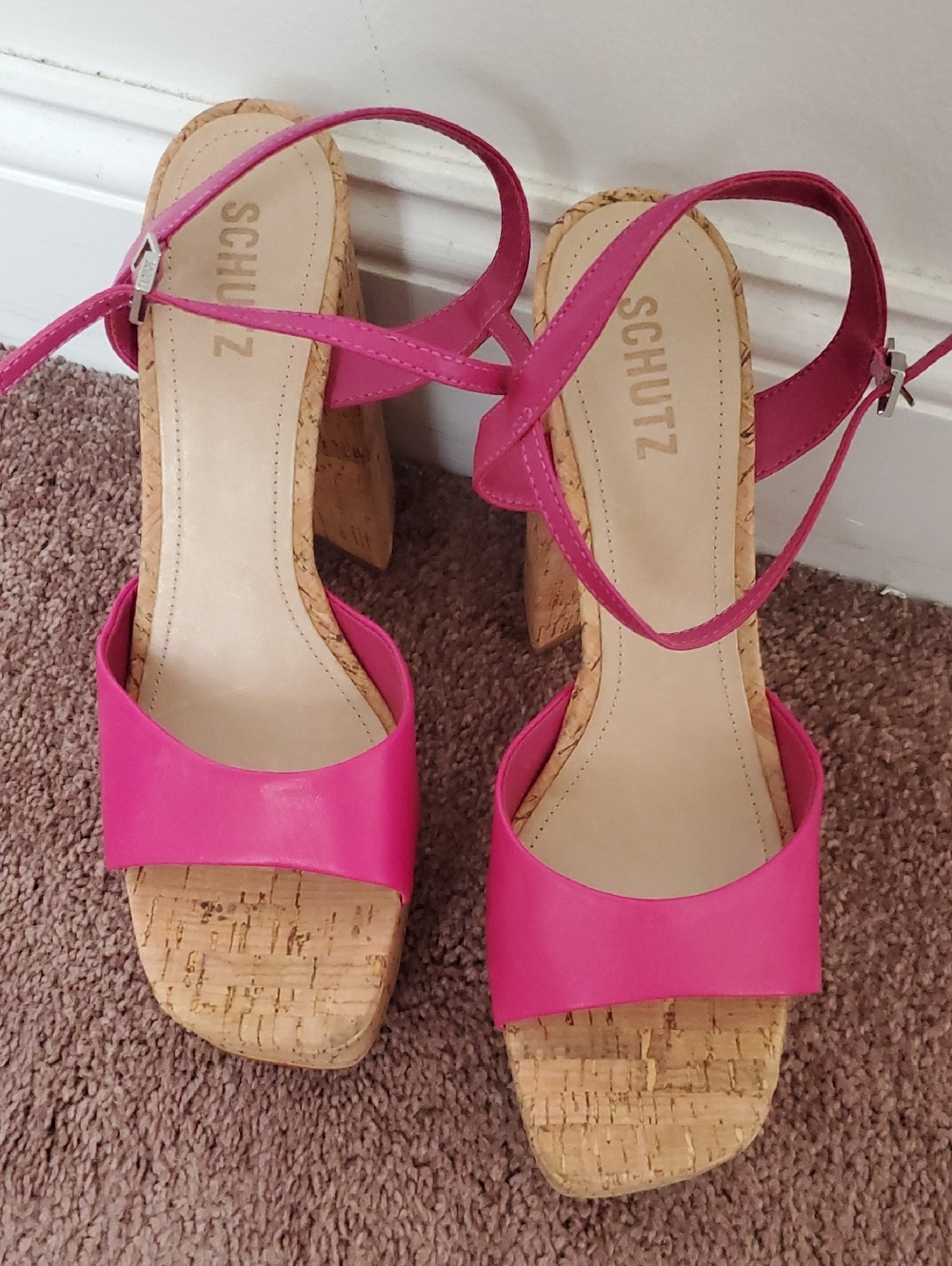 SCHUTZ Hot Pink Cork Block-Heel Sandals